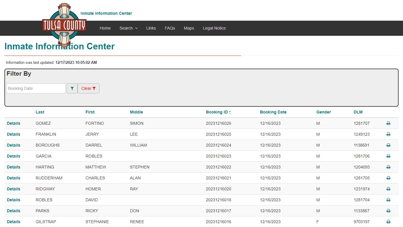 Booking Index - Tulsa County Inmate Information Center